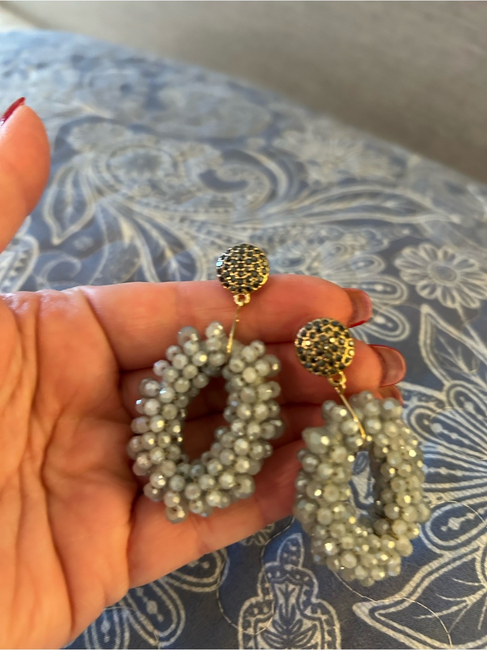 Beaded Hoop Drop Earrings in Light Gray with Gold Accents
